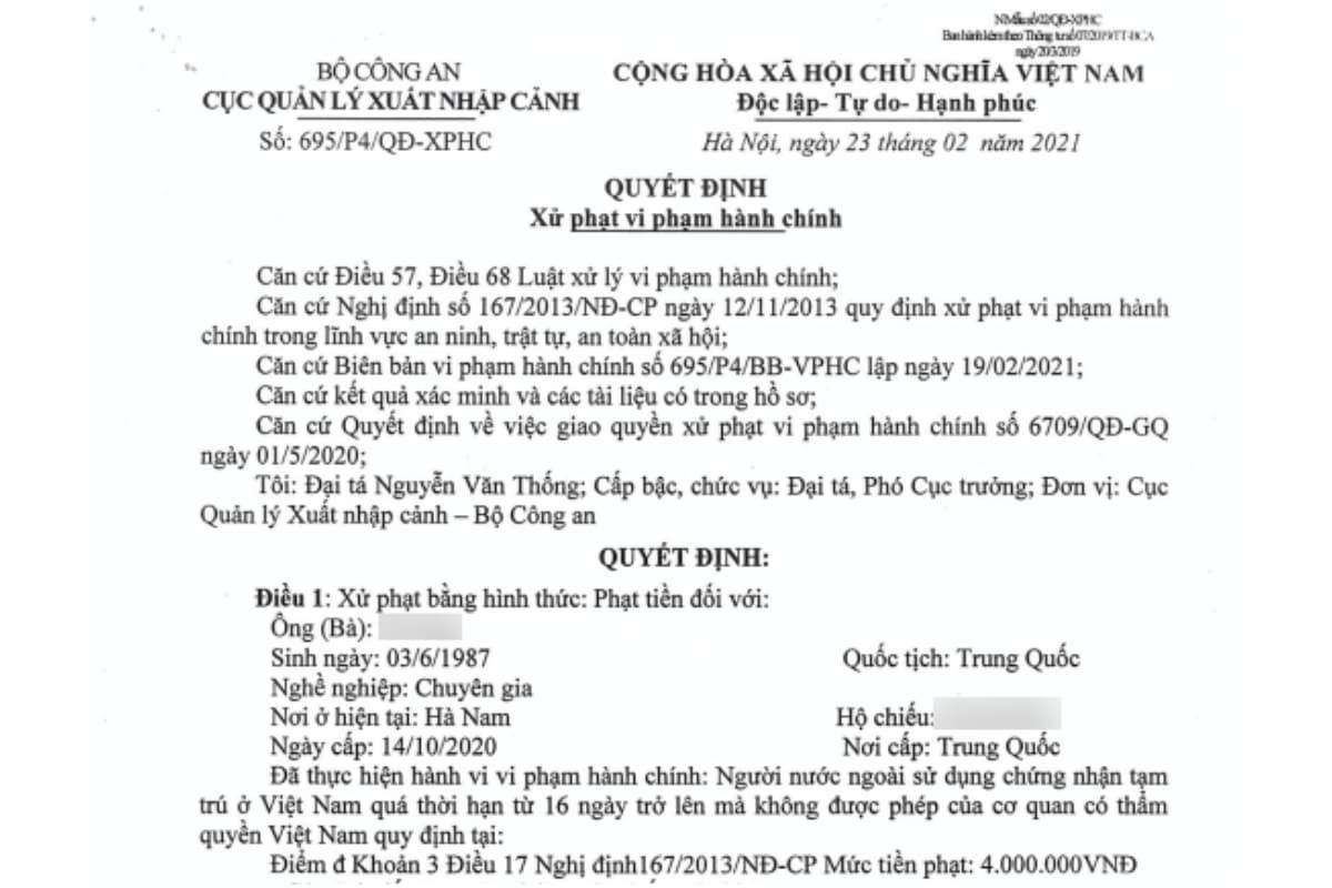 Hình phạt Người nước ngoài sử dụng thẻ tạm trú quá hạn